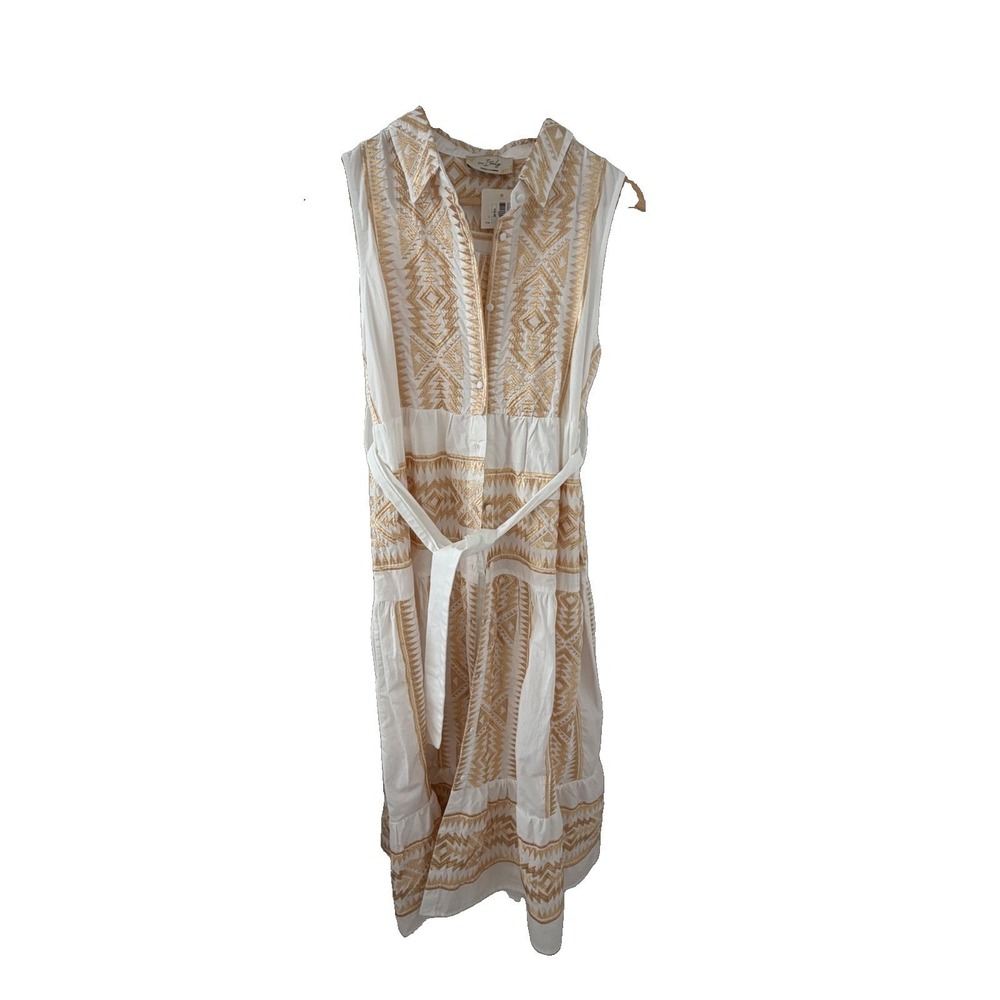 Greek Cream Gold Embroidered Cotton Dress Tunic L Boho Tiered Luxe